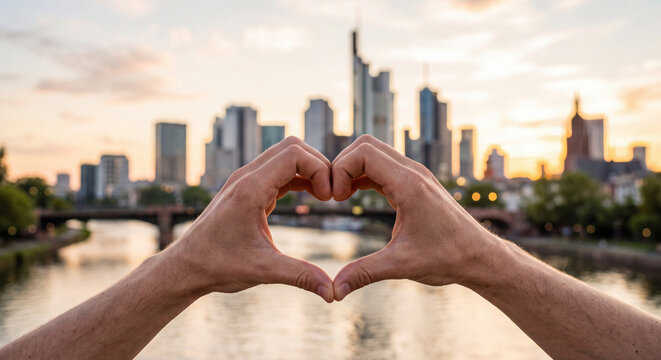 Geliebte Gro&szlig;stadt Frankfurt am Main: H&auml;nde formen ein Herz vor der Frankfurter Skyline