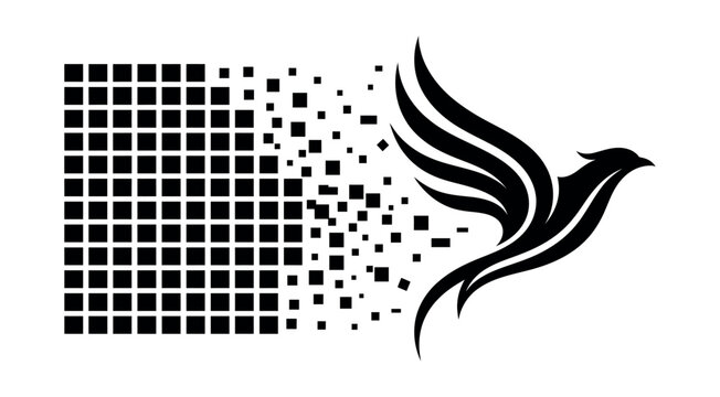 Abstract digital phoenix bird logo design with square pixel dispersion effect