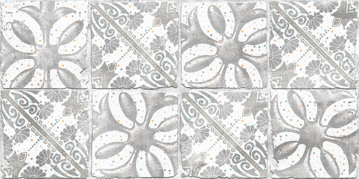 Vintage ceramic tile background with traditional grey and white floral Moroccan mosaic pattern texture.