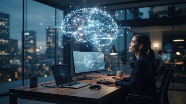 A woman working at a desk with a large, glowing brain icon above her, surrounded by a cityscape.