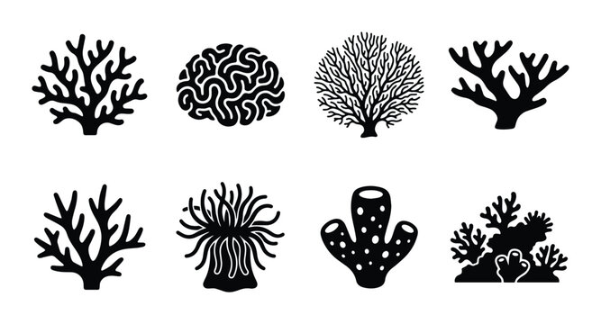 Coral silhouettes set with brain coral, anemone, sponge and branching coral for ocean life or nature design