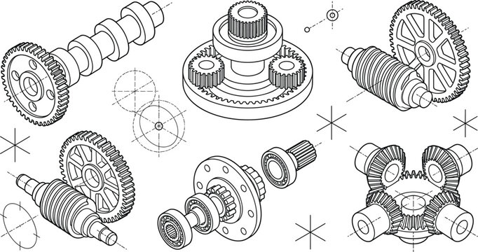 Isometric mechanical gear components and drive assembly line art set planetary gears camshaft worm drive bevel gears vector outline isolated on white background[cite: 25]