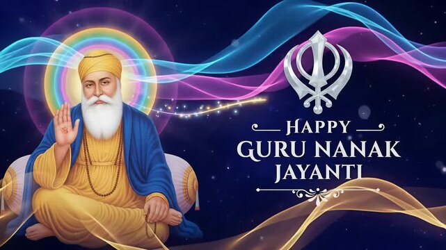 Guru Nanak Jayanti Motion Graphic with Rainbow Halo and Silver Khanda
