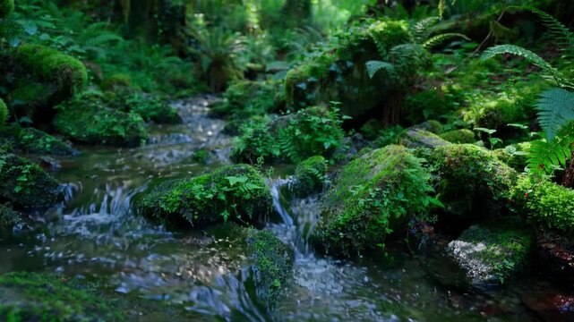 Forest Stream Mossy Rocks Gentle Flow