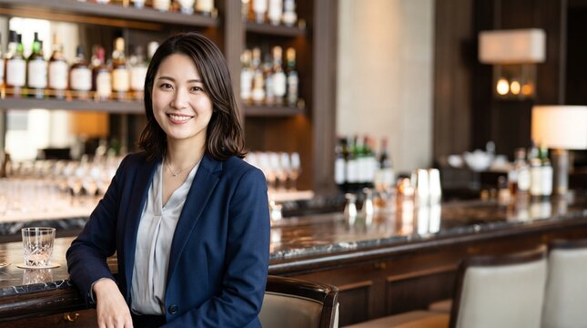 高級感あふれるバーカウンターを背景に穏やかな笑顔を見せる、知的で落ち着きのある20代日本人社員のプロフィールポートレート