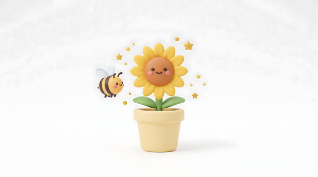 Cute Sunflower and Hovering Bee in Pot Garden Concept 3D Render