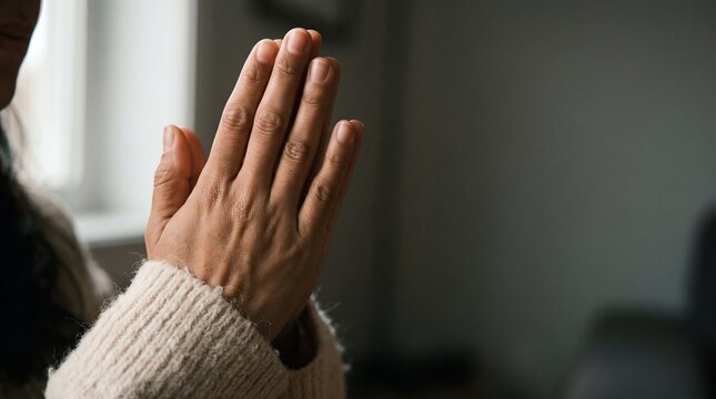 Person holding hands together in a quiet moment of prayer beside a window. Thankful hands express gratitude reflection faith and spiritual devotion during a peaceful daily ritual.
