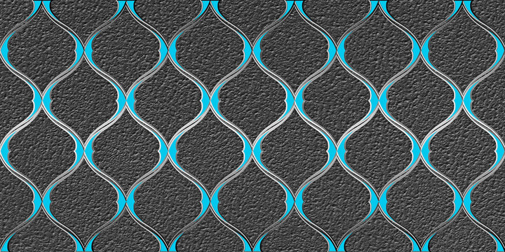 Abstract dark textured background with elegant silver and glowing cyan arabic geometric lattice pattern