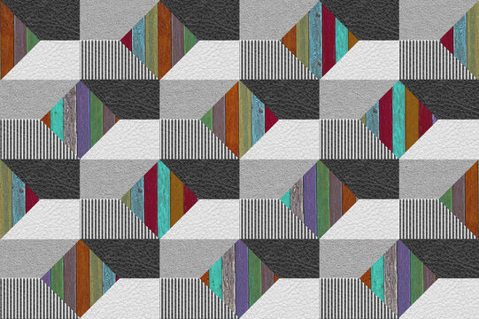 Abstract 3D geometric pattern with colorful wooden rhombus tiles and monochrome textured blocks for design