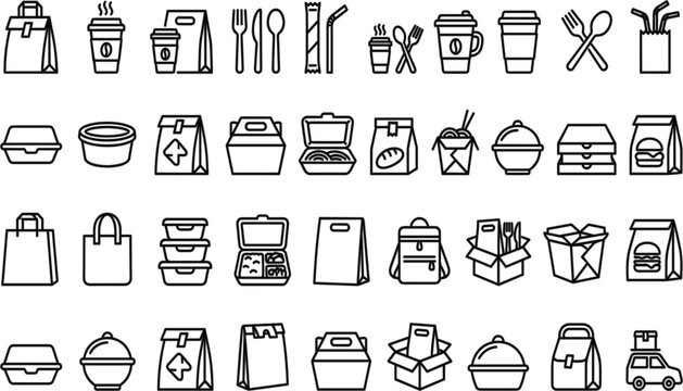Takeaway food delivery packaging service line icon mega set with paper bag boxes container cup and cutlery linear symbols