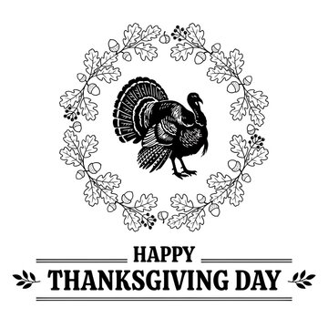 Classic black and white Thanksgiving turkey illustration within an elegant oak leaf wreath