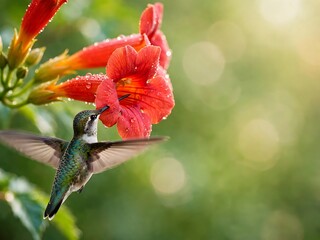 Fototapeta premium A tiny hummingbird hovering in mid-air while drinking nectar from vibrant red trumpet vine flowers, captured with a soft, blurred green background