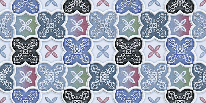 Elegant ceramic tile pattern with vintage damask motifs in blue, black, and pink for luxury interior design