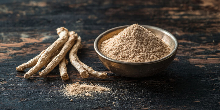 Maca powder and Lepidium meyenii roots arranged nicely on a dark rustic wooden table, perfect for natural health, herbal medicine, organic superfood, and alternative wellness supplement concepts today