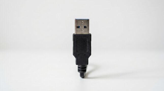 A close up view of a black usb type a connector resting upright on a white surface, representing a modern device left unplugged in a clean minimalist environment