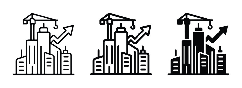Cityscape with crane and growth arrow set, urban development and business illustration