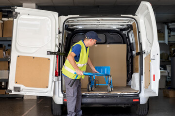 Man storing hand truck in cargo van for delivery route © Dulúapics