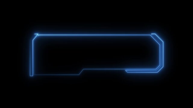 Neon frame structures combine blue geometric edges across black. Motion graphics production packages incorporate this neon frame asset. Digital neon frame borders glow.4k animation video
