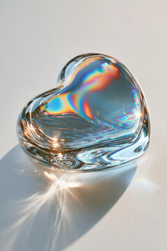 Clear glass heart shape with colorful light reflections on a white surface
