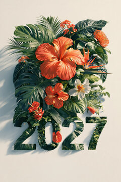 Floral design featuring the year 2027 with tropical plants and flowers as decoration
