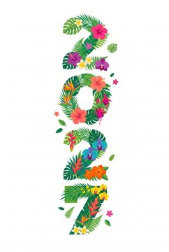 Decorative floral design for the year 2027 featuring tropical plants and flowers