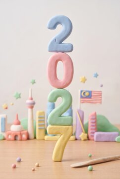 Colorful numbers 2027 made of clay with landmarks and a flag in the background