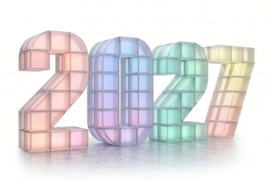 Colorful three-dimensional numbers representing the year 2027 on a white background