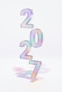 Number display of 2027 in colorful transparent design with bubbles