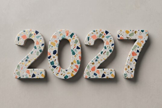 Numbers made of colorful material showing the year 2027 on a light background