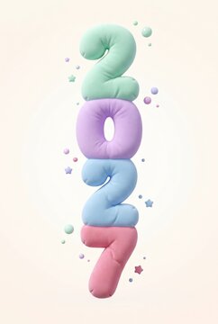 Colorful plush numbers for the year 2027 displayed on a light background with small decorative elements