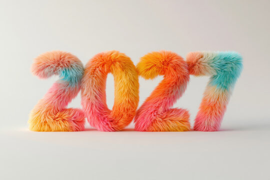 Fluffy numbers representing the year 2027 in vibrant colors