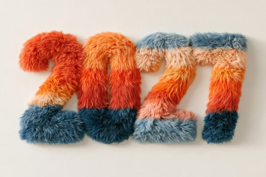 Colorful textile numbers representing the year 2027 displayed on a flat surface