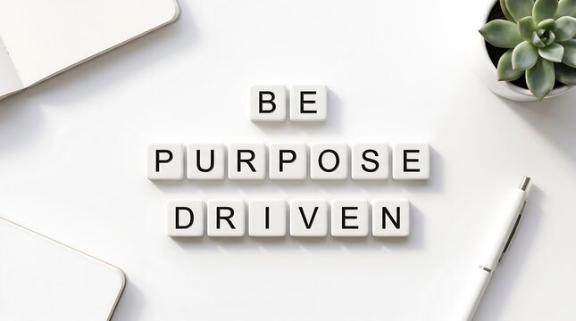 Be Purpose Driven motivational message spelled out in black uppercase letters on white square tiles on a clean white desk