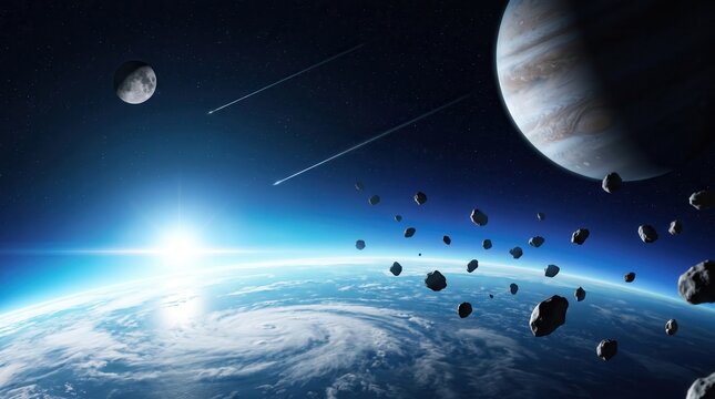 Sunrise over ocean planet with floating asteroids moon and gas giant