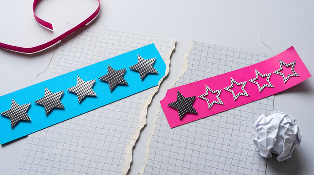 Blue pink paper strips with five star ratings on torn grid paper