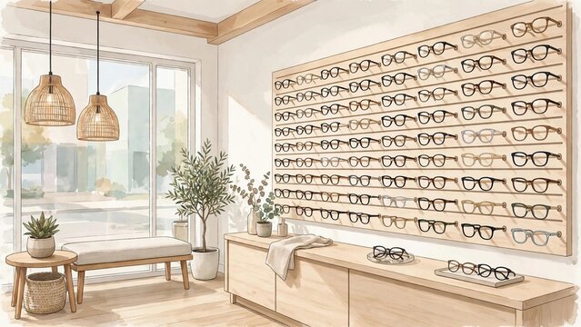 Bright modern optical shop interior with wall display of eyeglass frames
