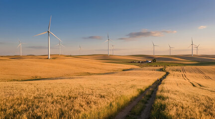 Obraz premium Sustainable energy stock image inspired by the mood of the reference image. Wind turbines rising from a rolling golden wheat field during the golden hour.