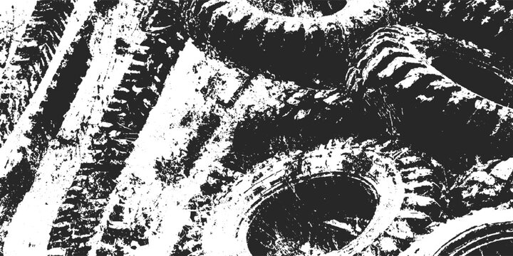 Circular Tire Track Grunge Texture with Rough Rubber Marks, Dirty Road Surface, Dust, Scratches and Distressed Vintage Effect.
