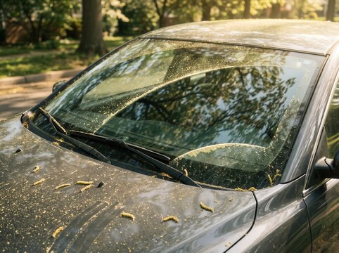 Yellow pollen on gray car windshield and hood with wipers in spring