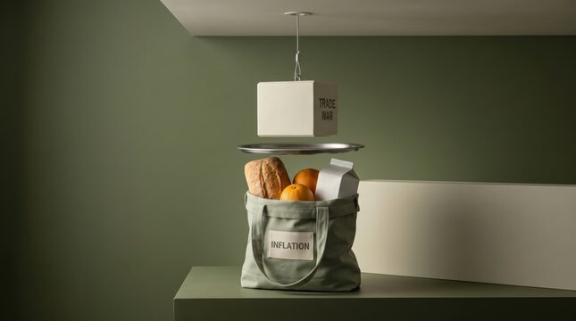 Grocery tote with bread oranges milk under hanging trade war block