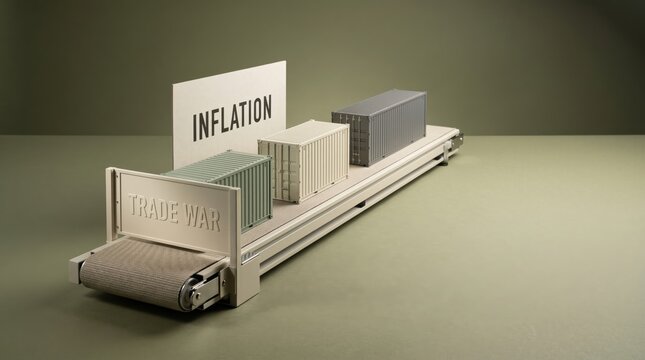 Shipping containers on conveyor belt with trade war and inflation signs, supply-chain