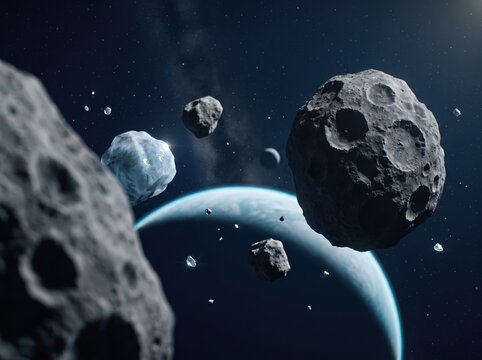 Cratered asteroids and ice chunk floating in space before blue planet