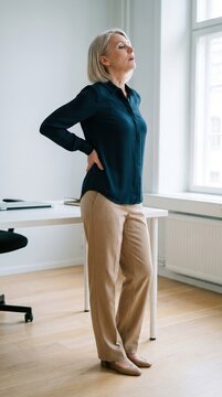 Mature woman in navy blouse holding sore lower back at office desk