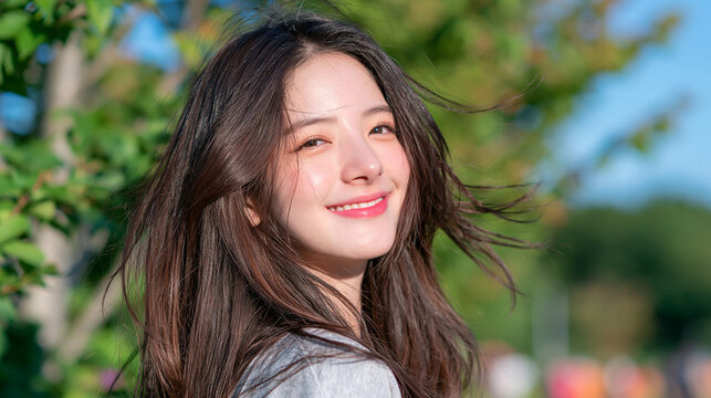 beautiful Asian woman posing in a bright natural setting, smiling directly at the camera with clean healthy-looking skin, fresh dewy complexion, loose natural hairstyle, subtle makeup, warm sunlight