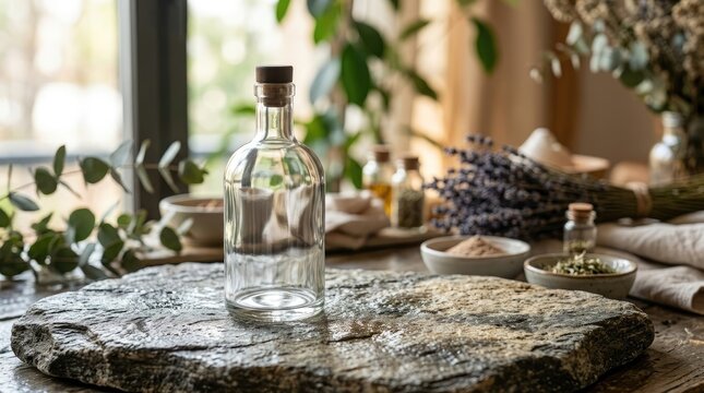A clear glass bottle with a cork lid on a rustic wooden table with a green plant in the background.
