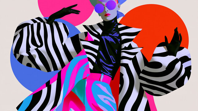 Contemporary digital collage art with a modern trippy design, faceless fashion party figure with zebra pattern accents, with copy space