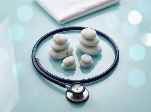 Navy stethoscope circle around stacked white pebbles on teal glass surface