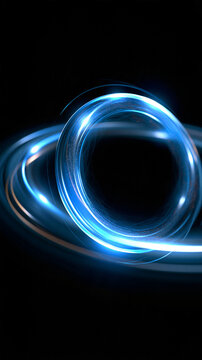 Glowing blue circular portal with swirling particles and light streaks on a black background, with copy space