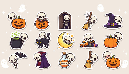 Fototapeta premium Cute halloween skeleton characters with jack-o'-lanterns and spooky items