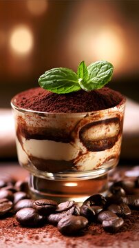 Tiramisu dessert in glass cup with cocoa powder and mint leaf